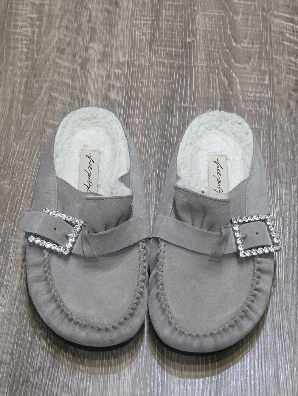 Free People Shearling After Riding Mules Slip On Jeweled Buckle Gray Size 8.